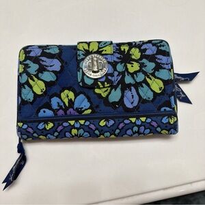 Vera Bradley Navy Floral Quilted Zip Around Wallet with Lime & Purple Accents